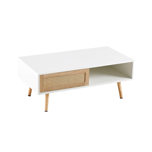 Rattan Coffee table, sliding door for storage, solid wood legs, Modern table for living room ,White - FVNLYXQ