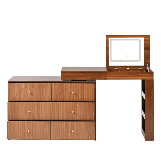 Walnut Vanity Desk w/ LED Mirror & 7-Drawer Storage