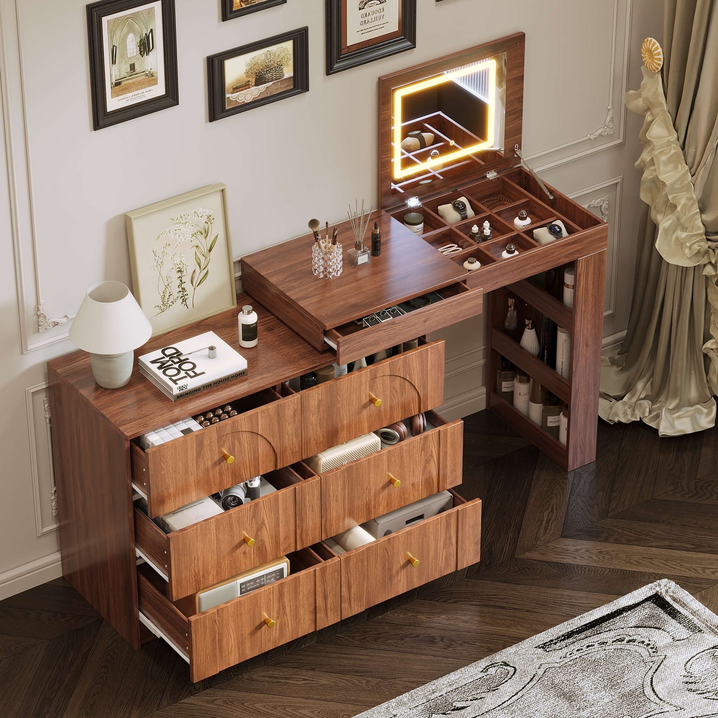 Walnut Vanity Desk w/ LED Mirror & 7-Drawer Storage