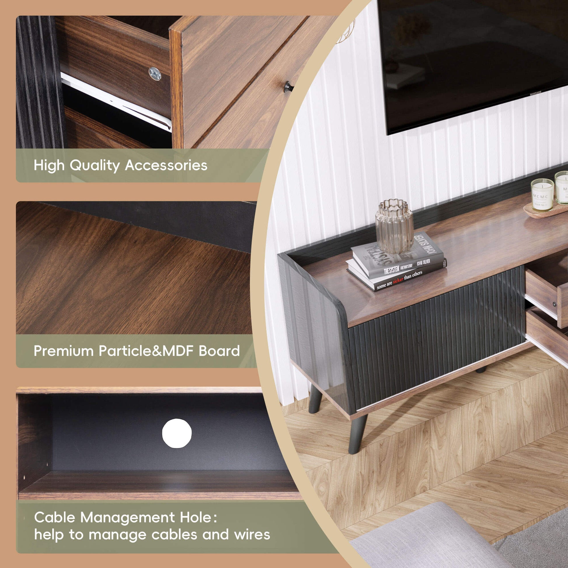 63'' Mid Century TV Stand with 2 Cabinets& Open Compartments, Entertainment Center for TVs up to 70'', Television Console for Living Room, Bedroom, Home Theatre - FVNLYXQ