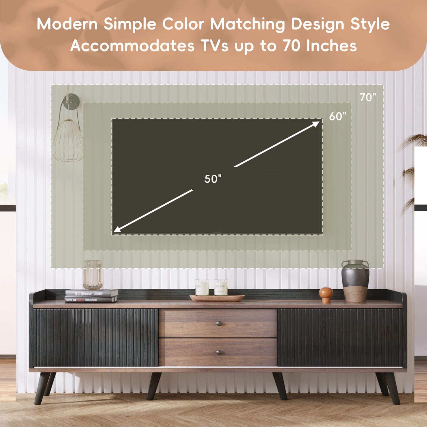 63'' Mid Century TV Stand with 2 Cabinets& Open Compartments, Entertainment Center for TVs up to 70'', Television Console for Living Room, Bedroom, Home Theatre - FVNLYXQ