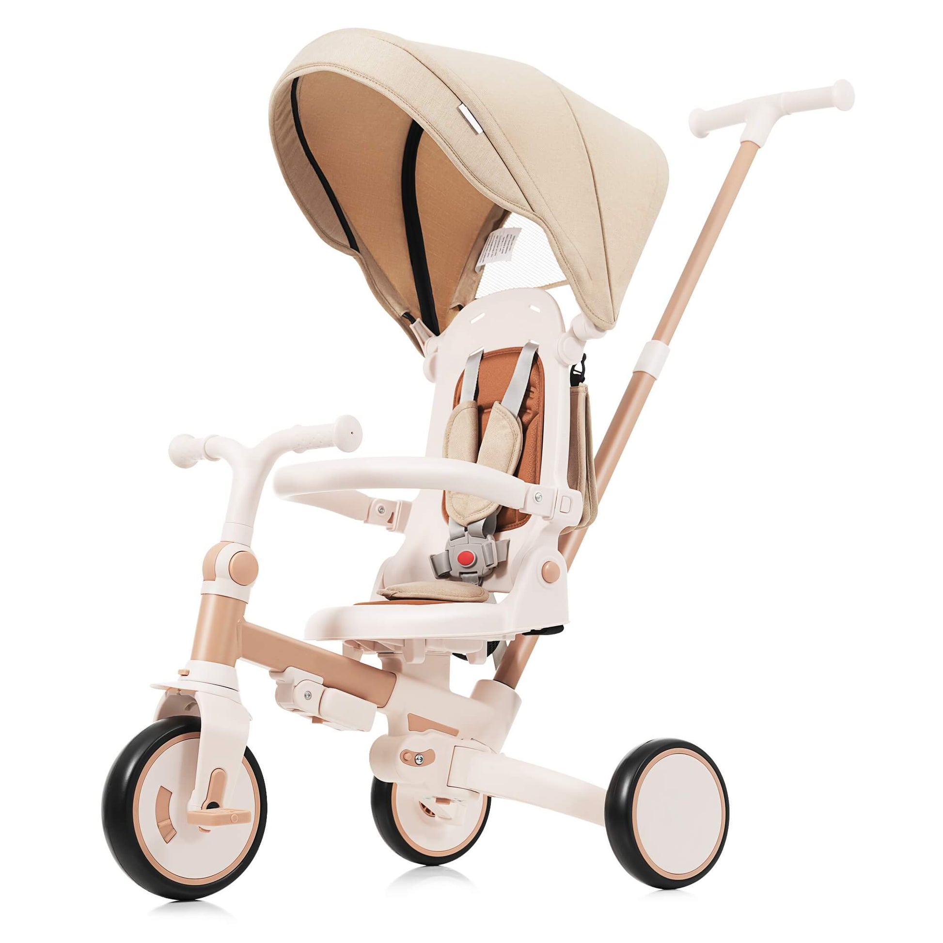 7 in 1 Baby Tricycle, Foldable Toddler Tricycle with Removable and Adjustable Parent Handle, Toddler Push Bike with Removable Pedal, Canopy, and Guardrail, Tricycle for 12-72 Months, light brown 