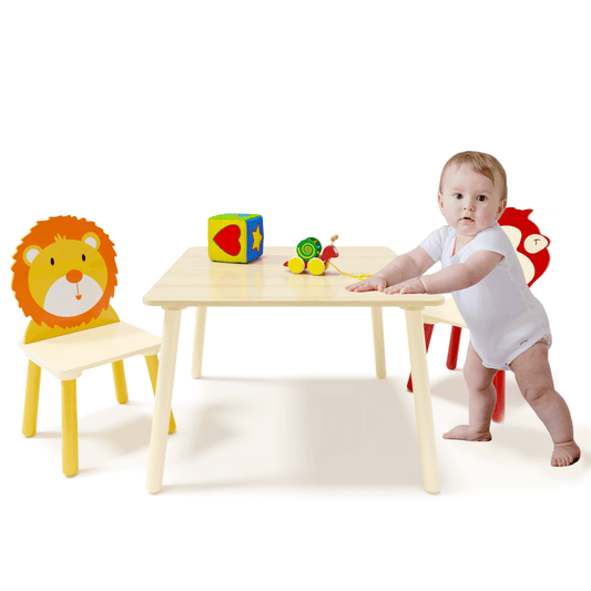 Kids Table and 2 Chairs Set, 3 Pieces Toddler Table and Chair Set, Wooden Activity Play Table Set (Lion&Monkey) - FVNLYXQ