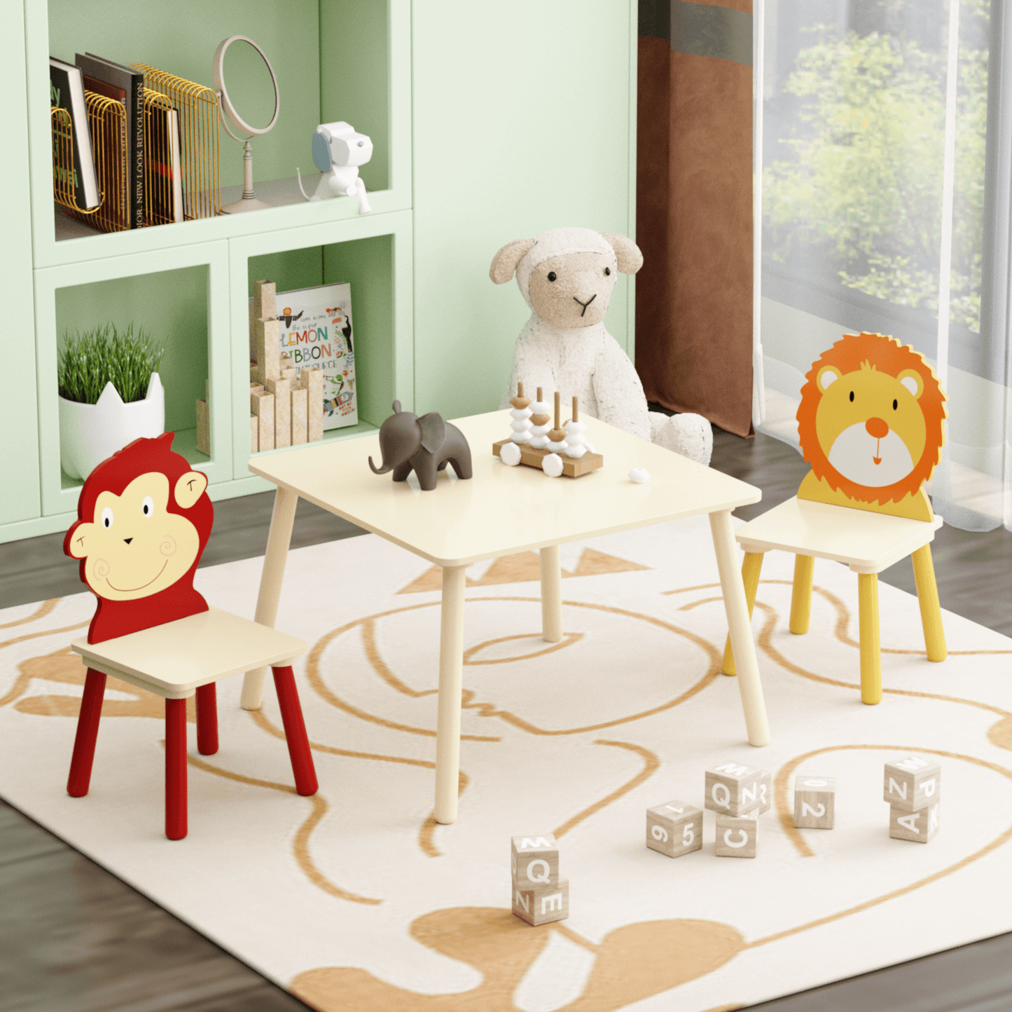 Kids Table and 2 Chairs Set, 3 Pieces Toddler Table and Chair Set, Wooden Activity Play Table Set (Lion&Monkey) - FVNLYXQ