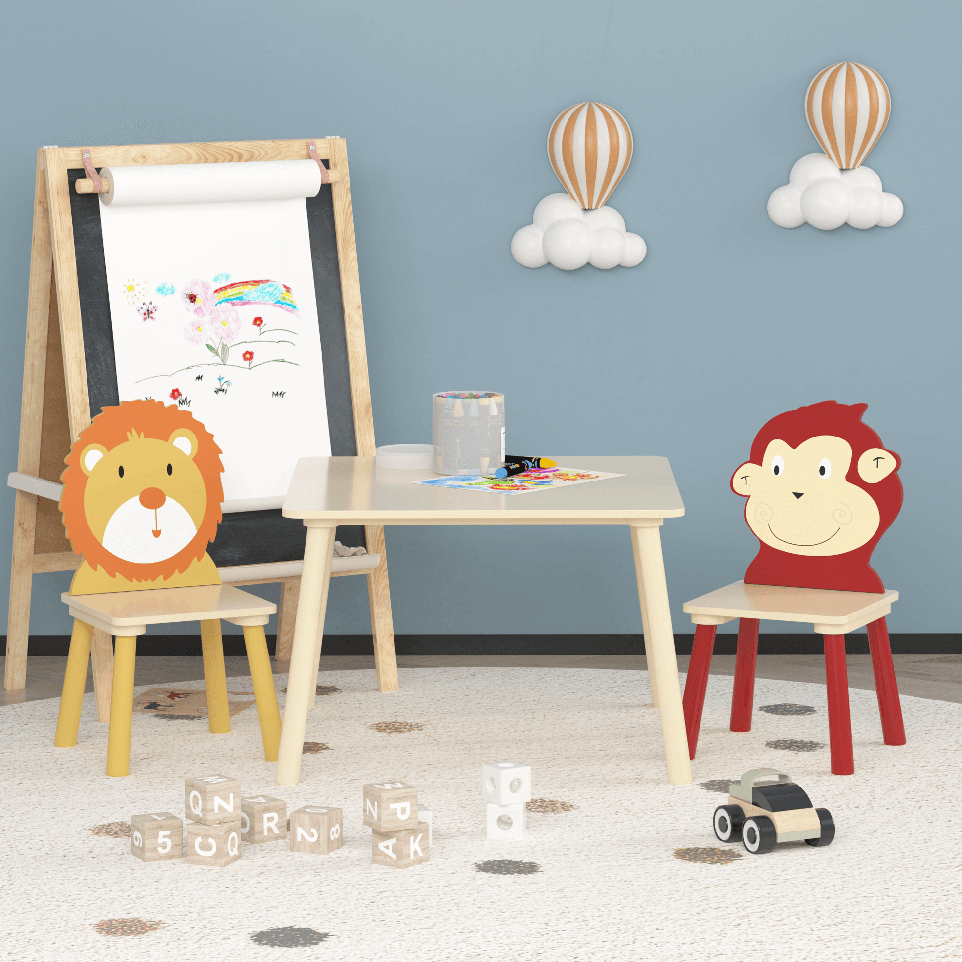 Kids Table and 2 Chairs Set, 3 Pieces Toddler Table and Chair Set, Wooden Activity Play Table Set (Lion&Monkey) - FVNLYXQ