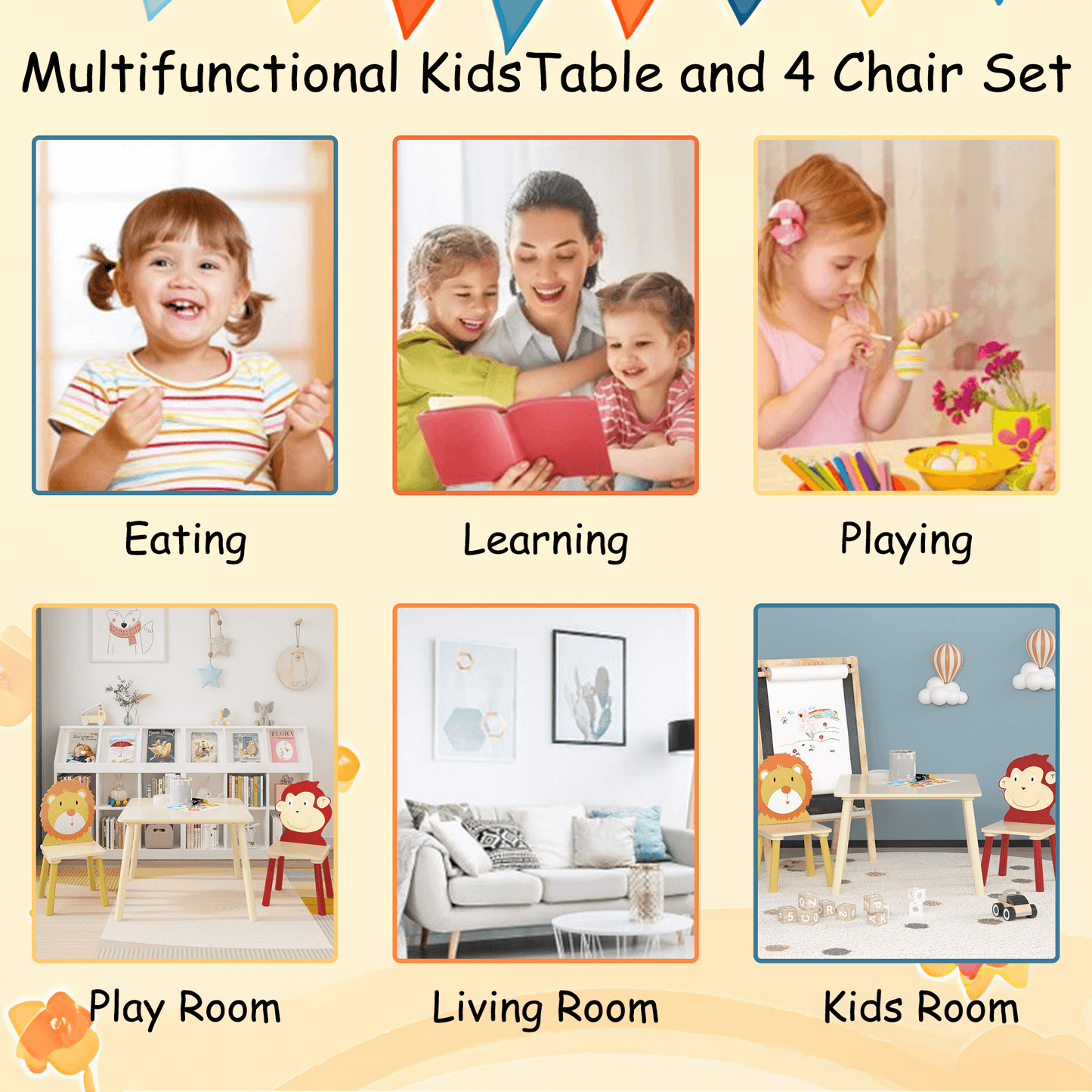 Kids Table and 2 Chairs Set, 3 Pieces Toddler Table and Chair Set, Wooden Activity Play Table Set (Lion&Monkey) - FVNLYXQ
