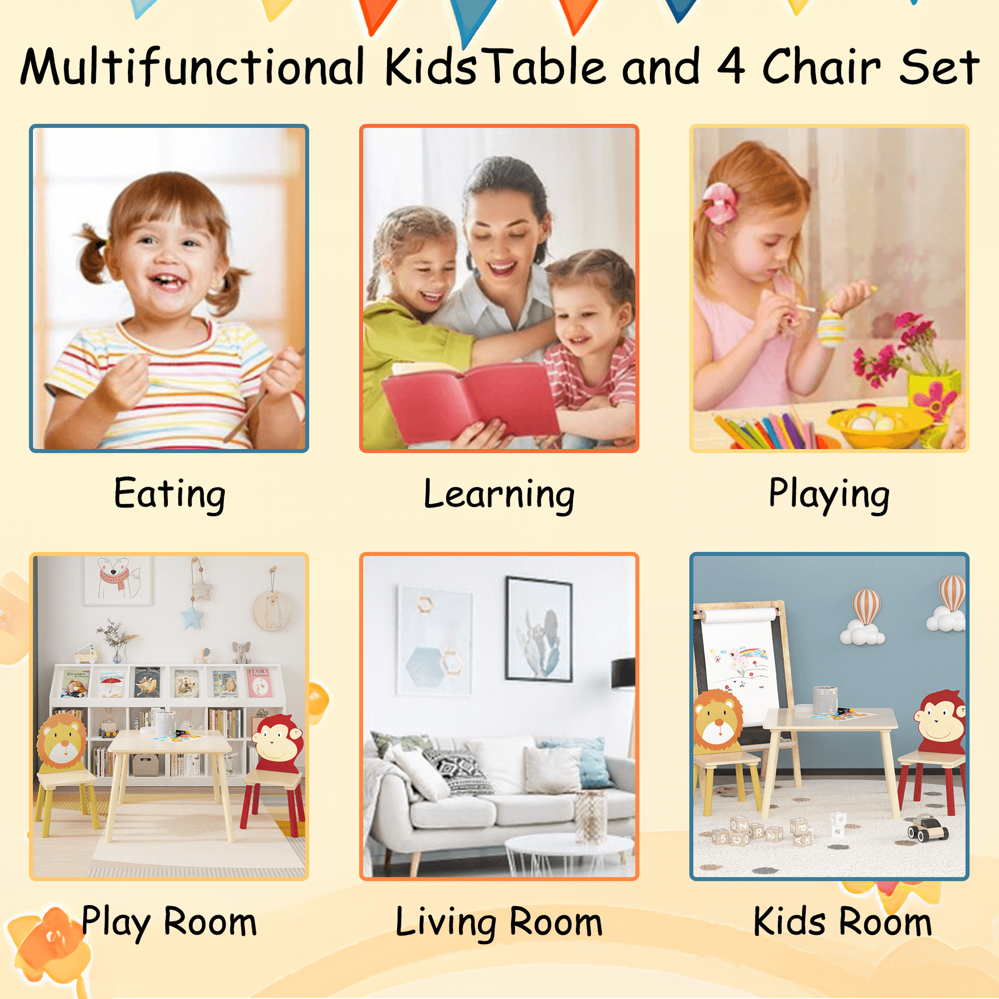 Kids Table and 2 Chairs Set, 3 Pieces Toddler Table and Chair Set, Wooden Activity Play Table Set (Lion&Monkey) - FVNLYXQ