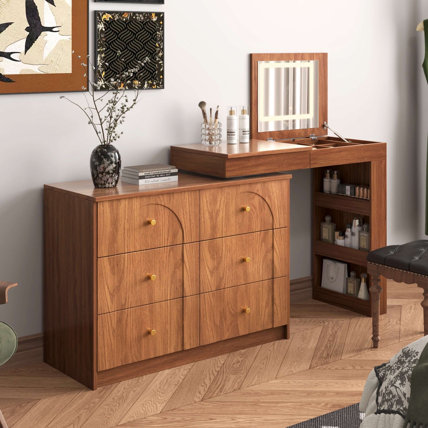 Walnut Vanity Desk w/ LED Mirror & 7-Drawer Storage