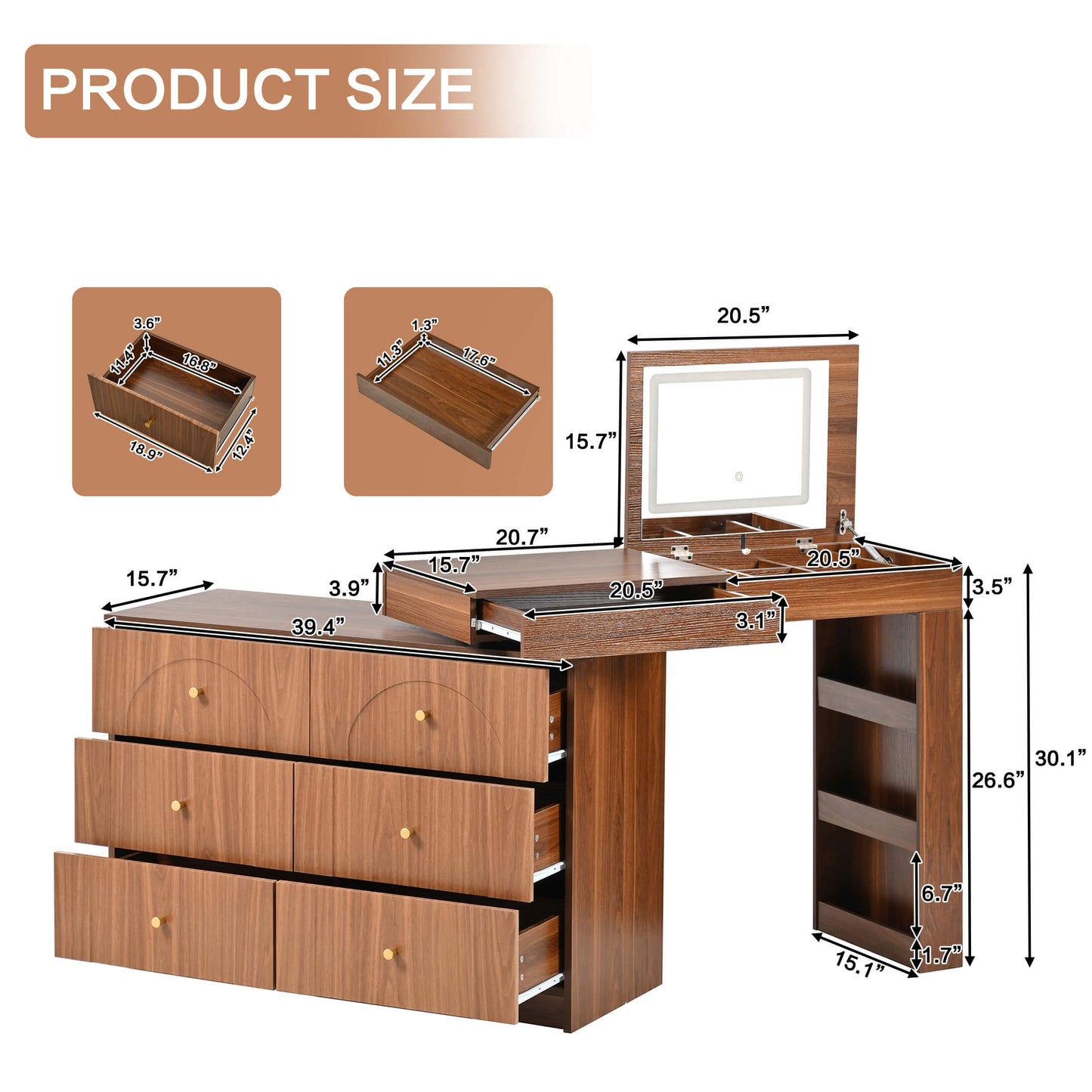 Walnut Vanity Desk w/ LED Mirror & 7-Drawer Storage